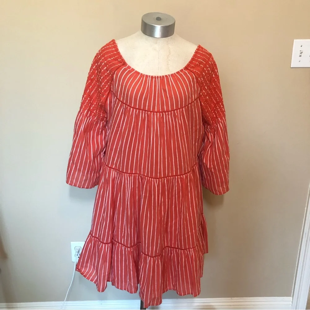 Free people Lola embroidered mini dress stripe open back tassel bell sleeve
